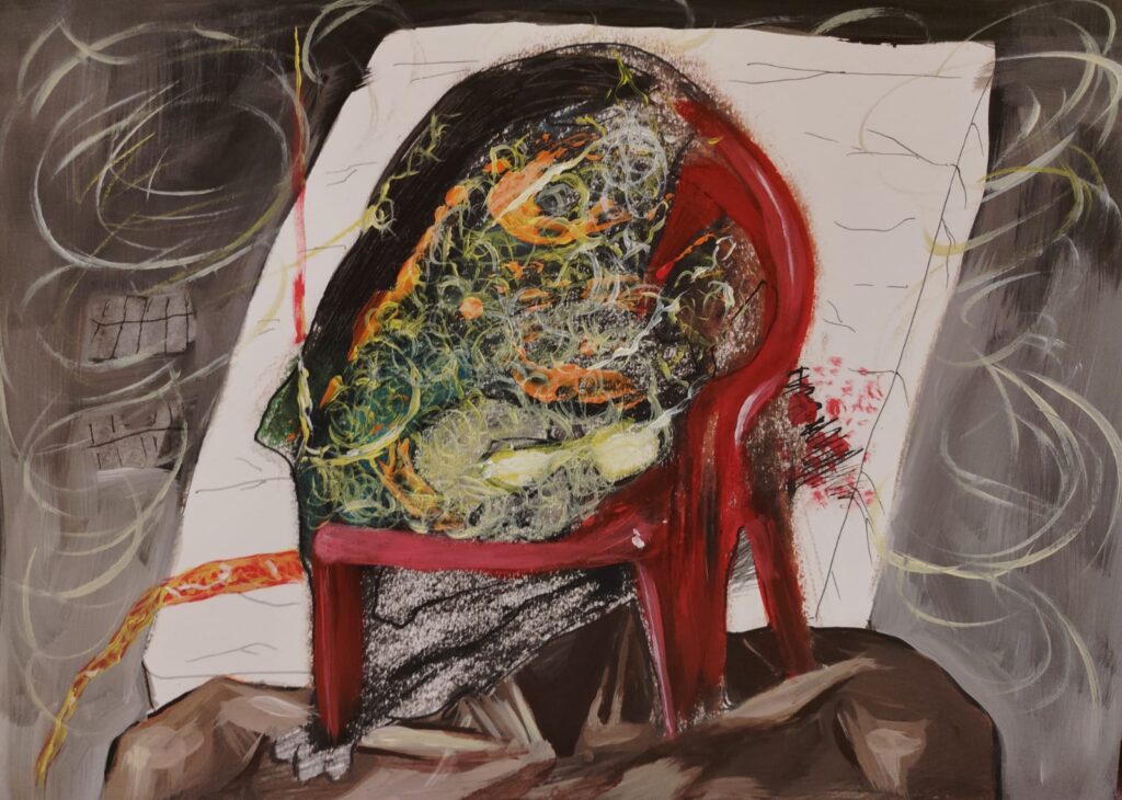The cremation with a red chair