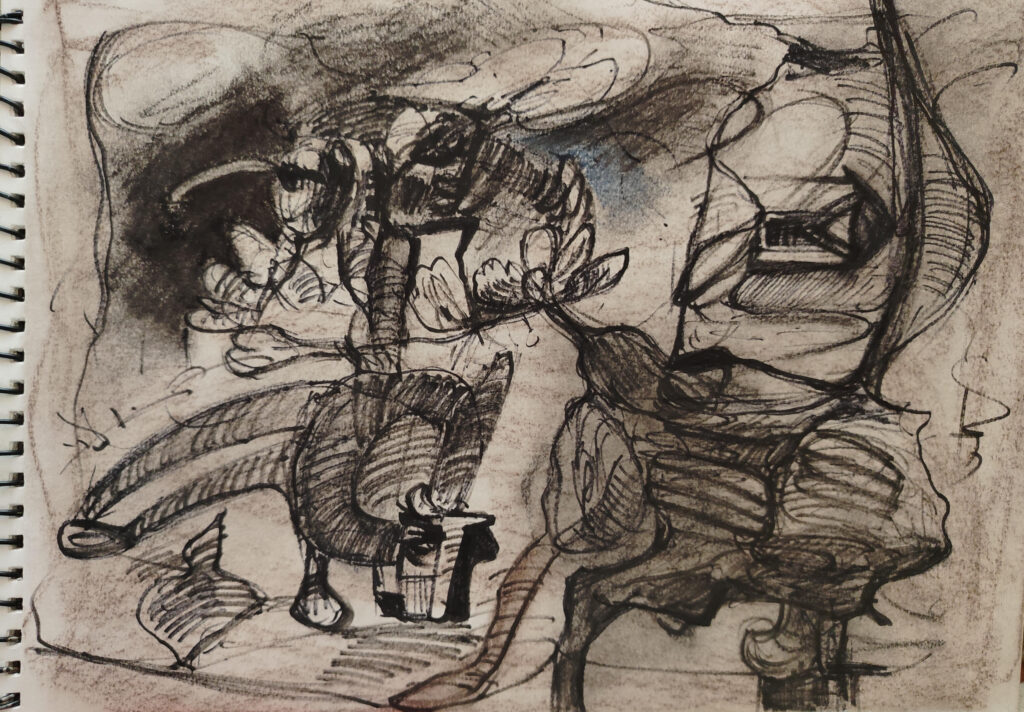 best drawing for indranilbanerjee.co.in art section expressive charcoal drawing with elephant-like form and fractured architecture