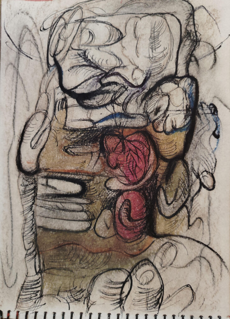 best drawing for indranilbanerjee.co.in art section abstract figurative sketch with layered organic forms and red internal shapes