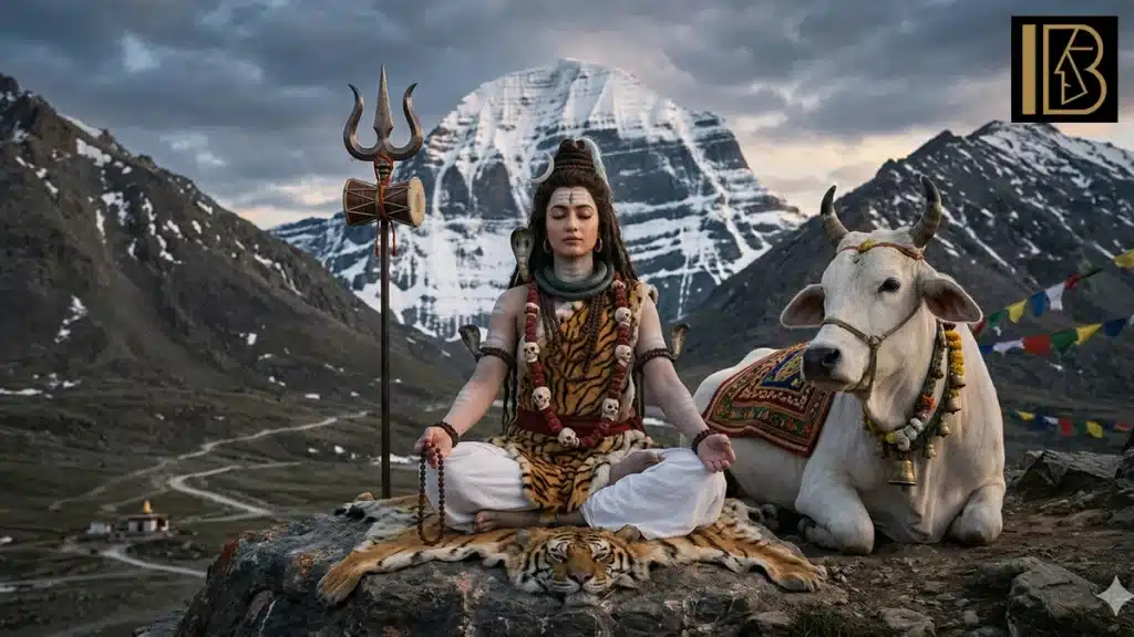 Beautiful art Maa Durga AI images: A New Era of Spirituality 2 A tranquil AI-generated depiction of Goddess Durga, seated and dressed in contemplation like Lord Shiva, with the benign bull Nandi keeping watch nearby