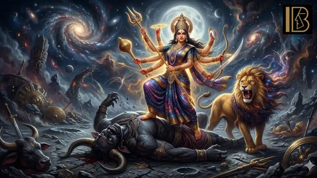Beautiful art Maa Durga AI images: A New Era of Spirituality 3 AI artwork of Goddess Durga as a cosmic warrior gracefully wielding her weapons, balancing on a beheaded Mahishasura on a dimly lit, moonlit battlefield alongside a fierce lion