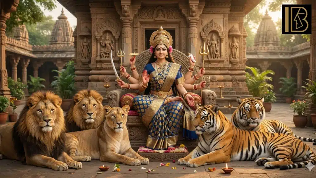 Beautiful art Maa Durga AI images: A New Era of Spirituality 4 Goddess Durga depicted with a relaxed expression, surrounded by a magnificent group of five felines, featuring lions on her left and tigers on her right