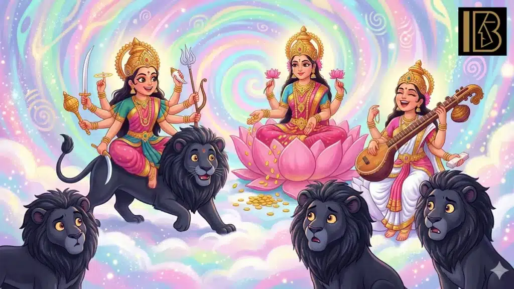 Beautiful art Maa Durga AI images: A New Era of Spirituality 5 A mesmerizing, pastel-colored scene showing Goddess Durga alongside Goddesses Lakshmi and Saraswati, accompanied by black lions with adorable, perplexed expressions