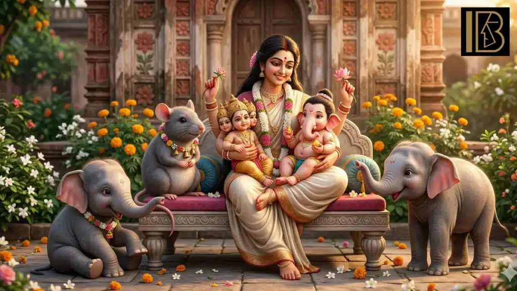Beautiful art Maa Durga AI images: A New Era of Spirituality 6 A sweet AI family portrait of Goddess Durga affectionately pampering her infant sons, Ganesh and Kartik, flanked by baby elephants and a large mouse