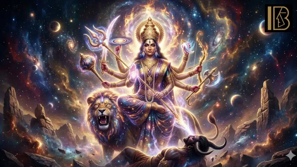 Beautiful art Maa Durga AI images: A New Era of Spirituality 8 A surreal AI creation of Goddess Durga featuring cosmic backgrounds, glowing auras, and intricate textures that elevate her divine energy