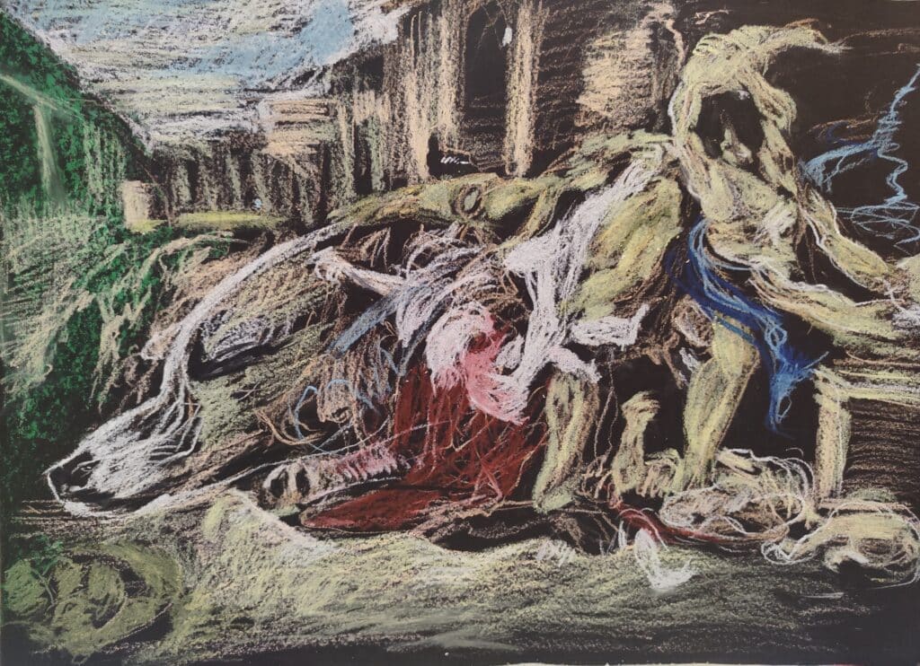 The Dog That Didn't Bark - at the Massacre of the Innocents" Inspired by Rubens Oil Pastel on Pastel paper by artist indranil banerjee